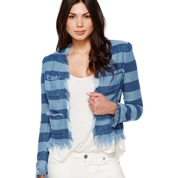 AG Adriano Goldschmied Blazer The Capucine Jacket Blue Stripe Crop Fray Hem XS - Picture 4 of 15